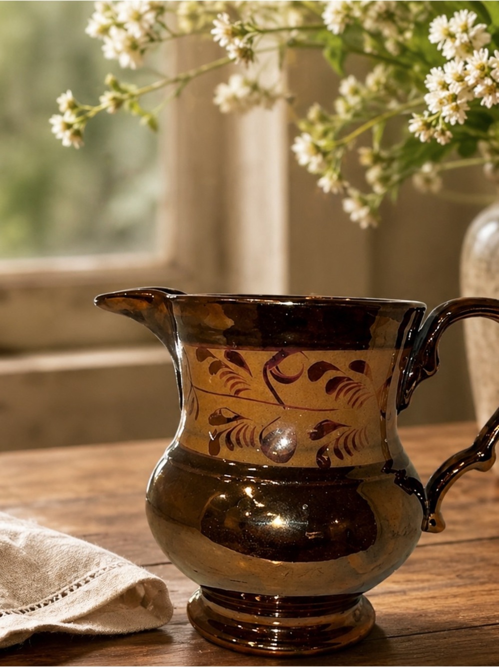 Vintage Copper Lusterware Cream Pitcher Floral Hand Painted Milk Jug England